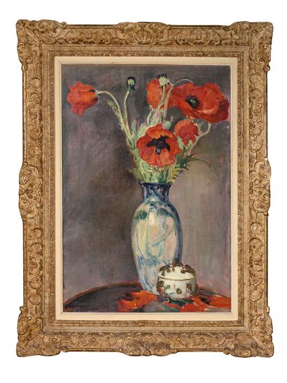 Henri LEBASQUE (1865 - 1937) 
Bouquet de coquelicots et bonbonnière

Huile sur toile

Signée...