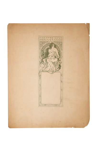 ALPHONSE MUCHA (1860/1939) 
戏剧：莎拉-伯恩哈特在文艺复兴剧院演出的《菲德尔》，《涅努法尔》，《陶瓷花》，《年轻的女人》，两位演员。



信前5张剧院海报的重聚，最后一张顶部有一个弧形的海报背面有塑料薄膜覆盖着

单色调印刷品

发黄，有褶皱、撕裂、一些断裂和缺失的边缘...