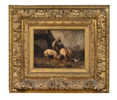 Charles JACQUE (1813 - 1894) 
Porcher nourrissant ses bêtes 

Huile sur toile

Signée...