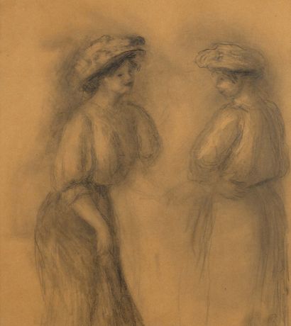 Pierre-Auguste RENOIR (1841 - 1919) 
两个戴帽子的年轻女人

纸上炭笔和蚀刻画

右下方有一个首字母 "R"。

纸上黑粉笔，右下方有一个首字母...