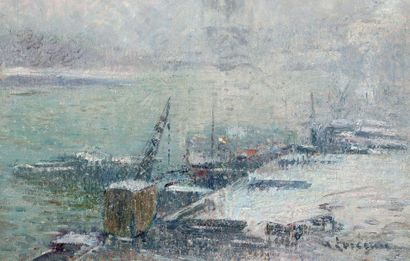 Gustave LOISEAU (1865 - 1935) 
Le port Henri IV et Notre-Dame-de-Paris, neige, 1920

Oil...