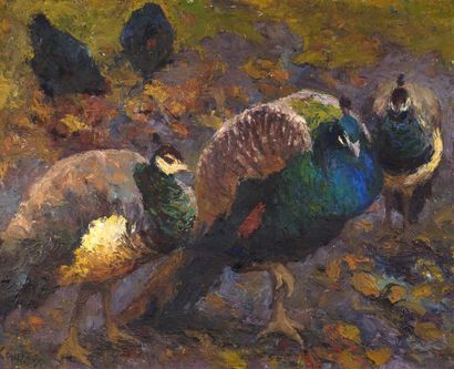 Marcel COUCHAUX (1877 - 1939) 
孔雀和鸡

布面油画

左下方有签名

布面油画，左下角有签名

60 x 73 cm - 23 5/8...