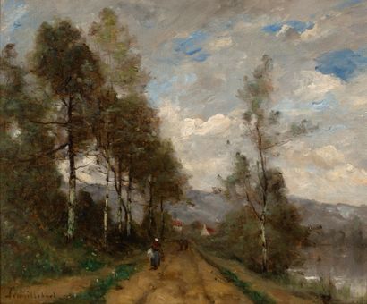 PAUL-DÉSIRÉ TROUILLEBERT (1829 - 1900) 
Une route près de la rivière

Huile sur toile

Signée...