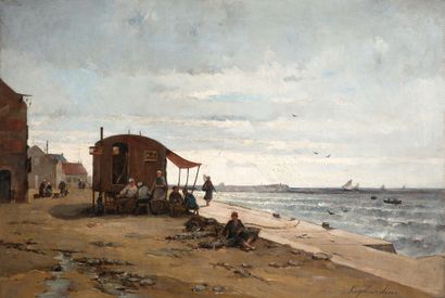 JULIEN-GUSTAVE GAGLIARDINI (1846/48 - 1927) 
Bord de mer animé et cabane

Oil on...