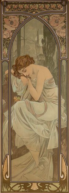 ALPHONSE MUCHA (1860/1939) 
Les Heures du jour : 4张系列版画 [Rennert/Weill 62], 1899年



彩色平版印刷品

发黄，有些污点，有狐臭，有折页的痕迹

天的时代》，四幅石版画

颜色包括...