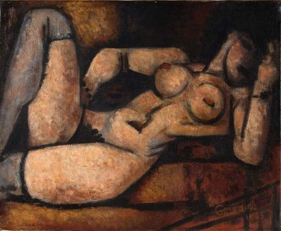 Marcel GROMAIRE (1892 - 1971) 
穿灰色长筒袜的斜躺裸体，1935年

布面油画

右下方有签名和日期 "1935"。

第二次签名，背面有标题，并注有...