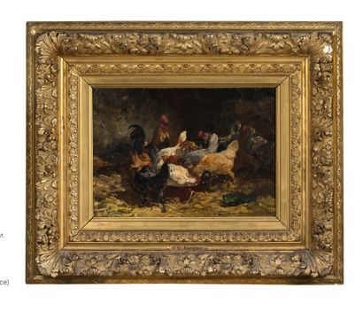Charles JACQUE (1813 - 1894) 
鸡场里的母鸡和公鸡，1867年

布面油画

右下角有签名，日期为 "1867"，并有模糊的题词

布面油画，有签名，日期为...
