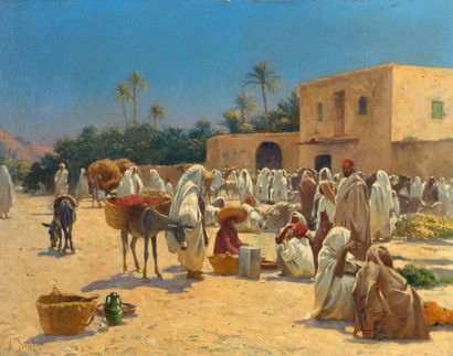 ALEXIS AUGUSTE DELAHOGUE (1867 - 1950) 
Scène de marché à El-Oudiane, Tunisie

Oil...