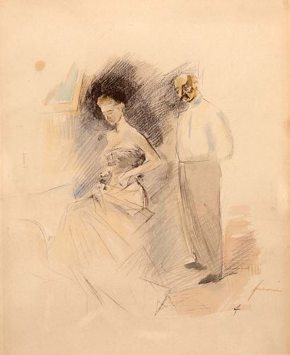Jean-Louis FORAIN (1852 - 1931) 
紧身胸衣 
黑色石版画（？），由艺术家用水彩画上色
版面上有单字 "f"，右下角有水彩 "forain...