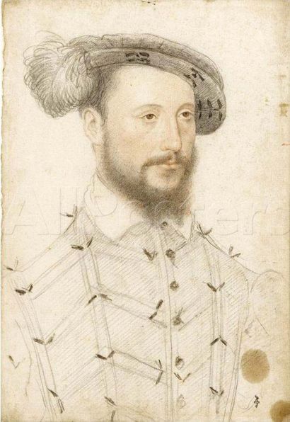 LÉONARD LIMOSIN (CA. 1505 - CA. 1576) 珐琅板上涂有金色亮点，代表皮耶纳勋爵Antoine d'Halluin的半身像，鲑鱼色的反珐琅。这位先生被显示为向右转了四分之三，戴着一顶带羽毛的平顶帽，穿着一件有领的倒扣式衬衫领子。右下方有Monogrammed...