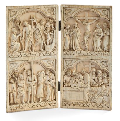null DYPTICE in carved ivory with scenes from the life of Christ: the Flagellation,...