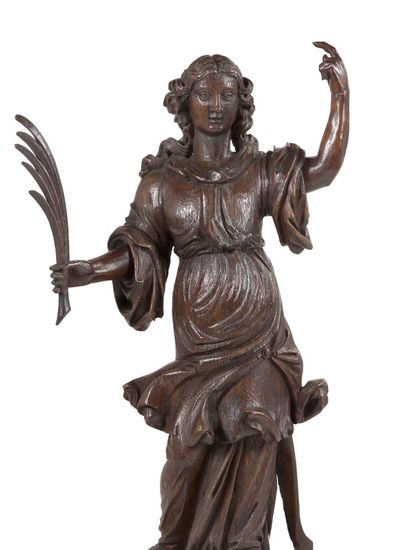 null ANGE ANNONCIATEUR de la Mort de la Vierge en chêne sculpté, dos creusé. Drapé...