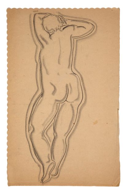 SANYU (1895-1966) Femme debout de dos, tête dans les bras Crayon sur papier 48,3...