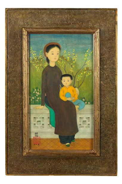 MAI trung THU (1906-1980) 
阳台上的母亲和孩子，1970年



丝绸上的水墨和色彩，左下角有签名和日期，背面有标题和注释XII 70在艺术家制作的原始框架中。

28.4...