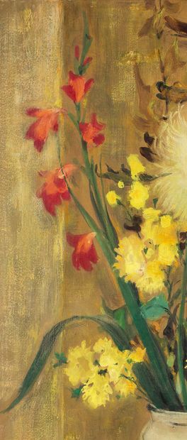 Le Pho (1907-2001) 
《药罐里的菊花》（The Hairy Chryshemums）。

丝绸上的油、墨和水粉，左下方有签名，背面有标题

66...