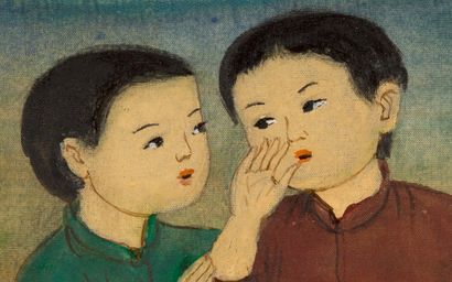 MAI trung THU (1906-1980) 
年轻的孩子们在窃窃私语，1972年

丝绸上的水墨和色彩，左上角有签名和日期，在艺术家制作的原始框架中 

6.3...