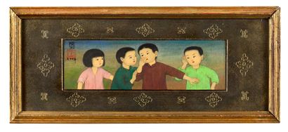 MAI trung THU (1906-1980) 
年轻的孩子们在窃窃私语，1972年

丝绸上的水墨和色彩，左上角有签名和日期，在艺术家制作的原始框架中 

6.3...