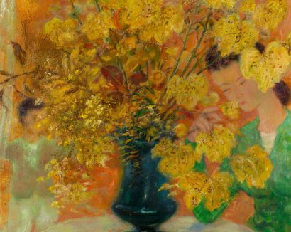 Le Pho (1907-2001) 
穿着绿色衣服的女人和孩子，桌子上有一个黄色的花束

布面油画，左下角有签名 

65.5 x 81 cm - 25 3/4...