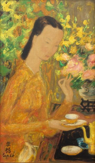 Le Pho (1907-2001) 
捧着茶杯的年轻女孩，约1955年

丝绸上的油画、墨水和色彩，左下方有签名 

28 x 17 cm - 11 x 6 5/8...