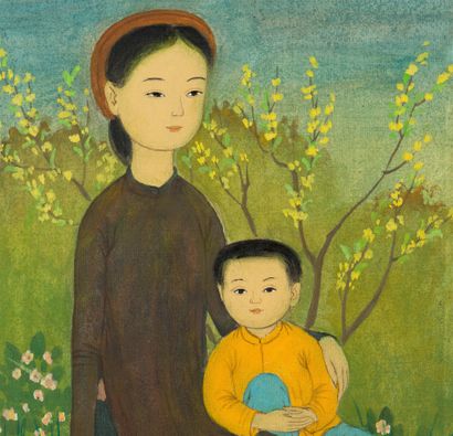 MAI trung THU (1906-1980) 
阳台上的母亲和孩子，1970年



丝绸上的水墨和色彩，左下角有签名和日期，背面有标题和注释XII 70在艺术家制作的原始框架中。

28.4...