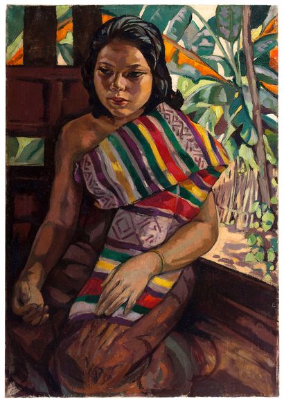 Alix AYMÉ (1894-1989) 
Laotienne devant sa paillote, 1930

Oil on canvas

78 x 54... Gazette Drouot
