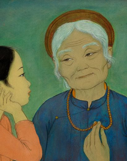MAI trung THU (1906-1980) 
祖母，1976年

丝绸上的水墨和色彩，右上角有签名和日期，背面有标题在艺术家制作的原框中

22 x 47...