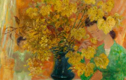 Le Pho (1907-2001) 
穿着绿色衣服的女人和孩子，桌子上有一个黄色的花束

布面油画，左下角有签名 

65.5 x 81 cm - 25 3/4...
