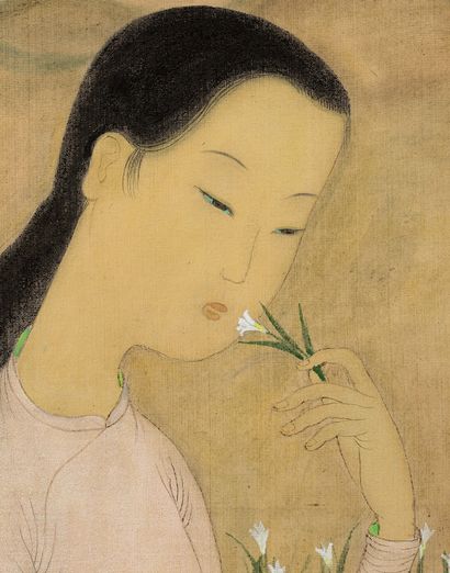 MAI trung THU (1906-1980) 
拿着花的年轻女人, 1953年

丝绸上的水墨和色彩，左上角有签名和日期，在艺术家制作的原始框架中 

26.7...