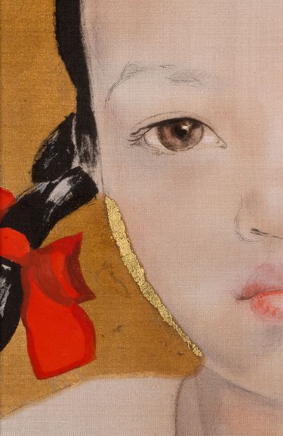 Alix AYMÉ (1894-1989) 
扎辫子的女孩

水墨和色彩，丝绸上的金色和银色亮点，右下方有签名，背面有会签和标题

29 x 17 cm - 11...