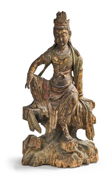 CHINE FIN DE LA DYNASTIE QING (1644 - 1912) Statue en bois anciennement laqué avec...