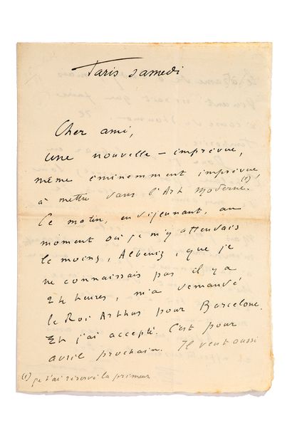 CHAUSSON Ernest (1855 - 1899) L.A.S.，巴黎，星期六[1895年6月]，给一个朋友[Octave MAUS]；2页小四开。
关于他的歌剧《Le...