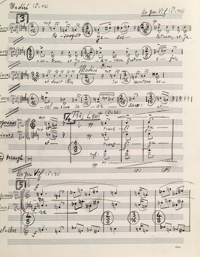 MESSIAEN Olivier (1908 - 1992) 音乐手稿 "Olivier Messiaen "的亲笔签名，La Transfi guration...