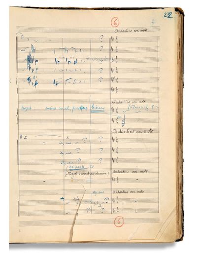 HAHN Reynaldo (1874 - 1947) 莫扎特的部分亲笔音乐手稿（1925年）；一卷内页39-245页，装在标签上，用半黑布装订，有角（装订磨损，一些叶片不整齐，有几处破损；出版商的印章）。
音乐剧《莫扎特》的管弦乐乐谱完整手稿，根据萨沙-吉特里的剧本改编。
为了给他正在写的关于
莫扎特的音乐剧作曲，他非常喜欢莫扎特，并为他的妻子伊冯娜-普林特姆斯--一位出色的演员和令人愉快的歌手--作曲，萨沙-吉特里首先求助于他的朋友安德烈-梅萨格，但他断然拒绝。该剧是一部令人愉快的婚恋剧，讲述了年轻的莫扎特在巴黎逗留期间，在格林男爵的保护下，他在著名的埃比奈夫人的沙龙里受到欢迎，并在那里遇到了他的初恋。
莫扎特》是一部三幕音乐剧，于1925年12月2日在爱德华七世剧院首次演出，由埃米尔-贝尔坦（Émile...
