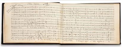 GOUNOD Charles (1818 - 1893) 亲笔音乐手稿，[37首赞美诗和颂歌，约1843-1846年]；长方形小册子，小四开，[1-33]页，大部分是双面的，加上空白页，当代黑色basane装订，镀金和冷加工板，书脊有标题。
重要的37首宗教唱诗集，拉丁语的颂歌和赞美诗，由年轻的作曲家在其职业生涯的开始，当他考虑进入订单时。
这些作品被仔细地记在一个16行的音乐纸笔记本上，用棕色或有时是蓝色的墨水，可能是直接记下的，如有几页是用铅笔画出的草图，然后用墨水熨烫。古诺在1843年11月1日就任外国传教会的卡佩尔部长时使用了这个笔记本。这些动机所要求的努力与他手下的唱诗班长的努力相一致。笔记本分为三个部分，中间有几张空白页。古诺将这些作品组织成...