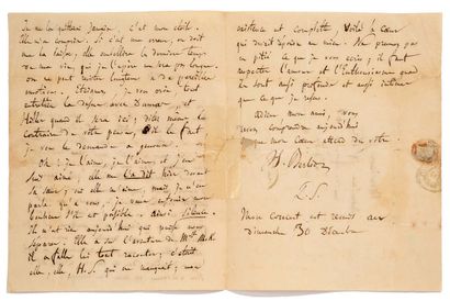 BERLIOZ Hector (1803 - 1869) L.A.S. "H.Berlioz"，[1832]年12月19日，致巴黎的Franz LISZT；3页小四开，地址（小修）。
美丽的信，表达了他对哈里特-史密森（他于1833年10月3日结婚）的热情。
"我亲爱的利茨
，你昨天早上给了我一个很好的友谊证明；但如果是在另一个话题上，对我来说会更好。自从我离开你之后，我和H.S.[哈里特-史密森]有了一场戏，如果没有你，我会被淹没在无混合的幸福中，被淹没在任何语言都无法表达的陶醉中；这种快乐，这种爱的怒火，已经被毒死了，但我把它全部喝下去，即使最后我死了。
她的一切都让我感到高兴和振奋；她坦率地承认自己的感情使我感到沮丧，并使我几乎发疯。我以我们友谊的名义请求你不要再向我或其他人谈论你告诉我的事情。我们还没有结婚。
我永远不会离开她。她是我的明星。她理解我。如果这是一个错误，它必须留给我；它将点缀我生命中最后的日子，我希望这日子不会太长。一个人不能长时间地抵制这种情绪。请结束与大仲马的任何讨论，希勒在这里时也请结束；甚至说与你的想法相反的话，我必须这样做，我跪下来求你。
哦，我爱她，我爱她，我也被她所爱，她昨天在她姐姐面前这样告诉我；是的，她爱我，但我只对你说，如果可能的话，我想埋葬我的幸福。所以沉默不语。今天没有什么能使我们分开。她知道莫克小姐的事，我必须告诉她一切；我想念的是她，H.S.；我的存在是完整的，这里有一颗要回答我的心。不要怜悯我写给你的东西；当爱和热情像我的感觉一样深刻和亲密时，必须得到尊重"...。
Correspondance...