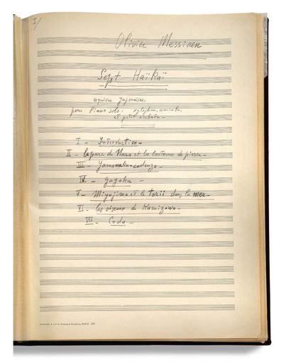 MESSIAEN Olivier (1908 - 1992) 音乐手稿，由 "Olivier Messiaen "亲笔签名，Sept Haïkaï, esquisses...