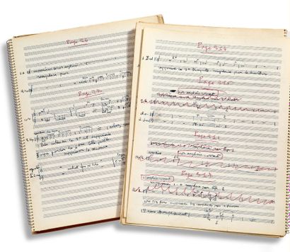 POULENC Francis (1899 - 1963) MANUSCRIT亲笔签名 "Francis Poulenc"，Les Mamelles de Tirésias。缩小的管弦乐的修正（1962年）；2个对开笔记本，分别有30和19页，大部分是双面的（加上空白页），黄色纸板封面，螺旋式书脊（35...