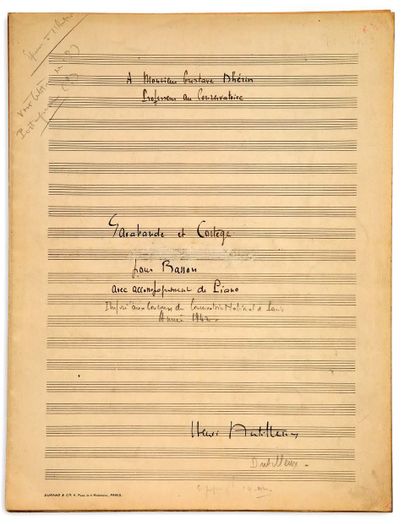 DUTILLEUX Henri (1916 - 2013) 音乐手稿 "Henri Dutilleux "的亲笔签名，Sarabande et Cortège for...