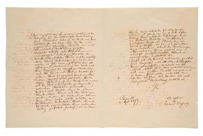 WAGNER Richard (1813 - 1883) L.A.S. "理查德-瓦格纳"，拜罗伊特，1873年9月12日，致斯图加特符腾堡国王陛下的图书管理员威廉-赫姆森博士（1829-1885）；3页合4页（折叠处有小裂缝），信封上有邮票和瓦格纳手写的...