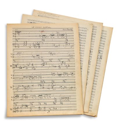BOULEZ Pierre (1925 - 2016) 亲笔签名的音乐手稿，Le Visage nuptial (1947); 13对开页（在4个双页上）。
布列兹的第一个主要声乐周期，以勒内-夏尔的诗歌为主题。
正是在1946-1947年，皮埃尔-布列兹为女高音、女中音、马特诺、钢琴和打击乐器创作了第一版《婚纱照》，该作品以雷内-查尔的五首抒情诗为基础，收集在《Seuls...