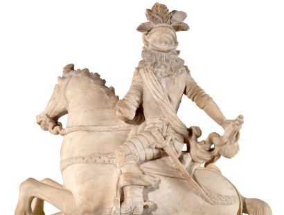 null PORTRAIT ÉQUESTRE DE LOUIS XIV en albâtre sculpté en ronde-bosse. Il est revêtu...