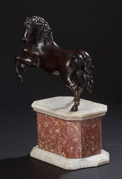null CHEVAL CABRE Bronze à patine bruneFrance, fin du XVIIIe siècle.Sur un socle...