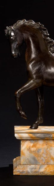 null HORSE Bronze with brown patina on a marble base.France, 18th century.
Height...