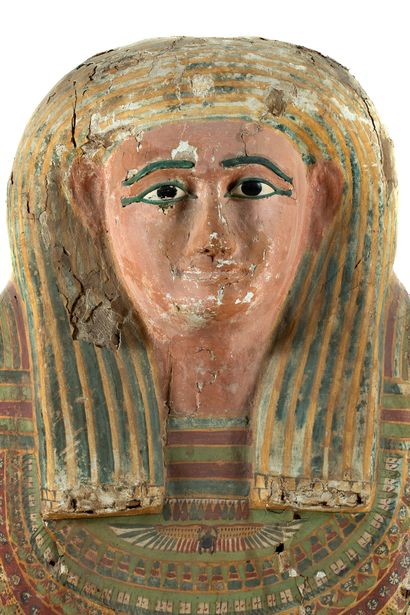null LARGE MASK of sarcophagus tank in stuccoed cedar wood and painted with a female...