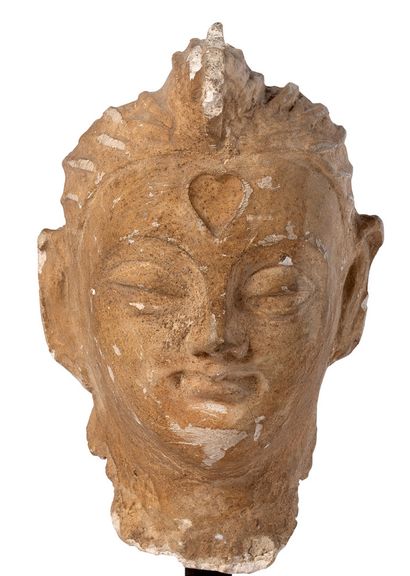 null BUDDHA HEAD in stucco, a heart on the forehead. Greco-Buddhist art of Gandhara,...