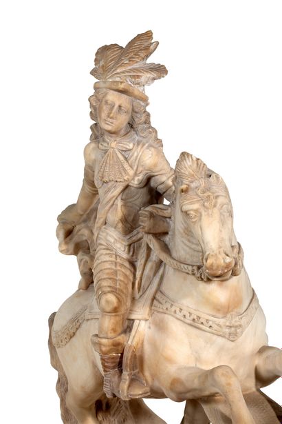 null Equestrian portrait of Louis XIV in alabaster sculpted in the round. He is dressed...
