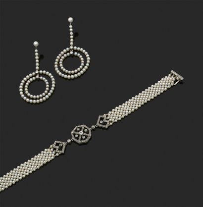 ENSEMBLE « PERLES FINES » Bracelet et pendants...