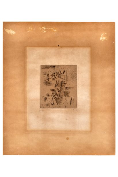 Pablo Picasso (1881-1973) 
拿着烟斗的男人头像，1912年 [B. 23, BA. 32]

纸上蚀刻画

右下方有签名

左下角的非原件编号（已发黄，空白处有粘贴的痕迹，背面有烧焦的痕迹，纸张上部边缘有孔，有缺损）

13...