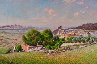 LÉON JOUBERT (1851-1928) 
从Villeneuve-lès-Avignon看阿维尼翁的风景

布面油画 签名并位于 "阿维尼翁 "的左下方（背面有旧的修复件）。

65...