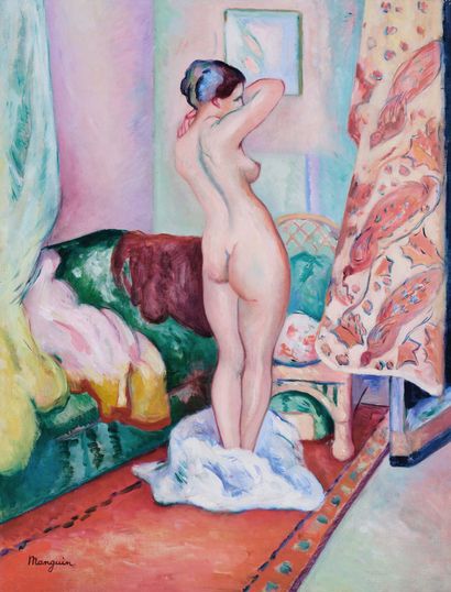 Henri MANGUIN (1874-1949) 
工作室里的四分之三裸体，1916年

布面

油画
，
左下角签名116

x 89 cm - 45 5/8...